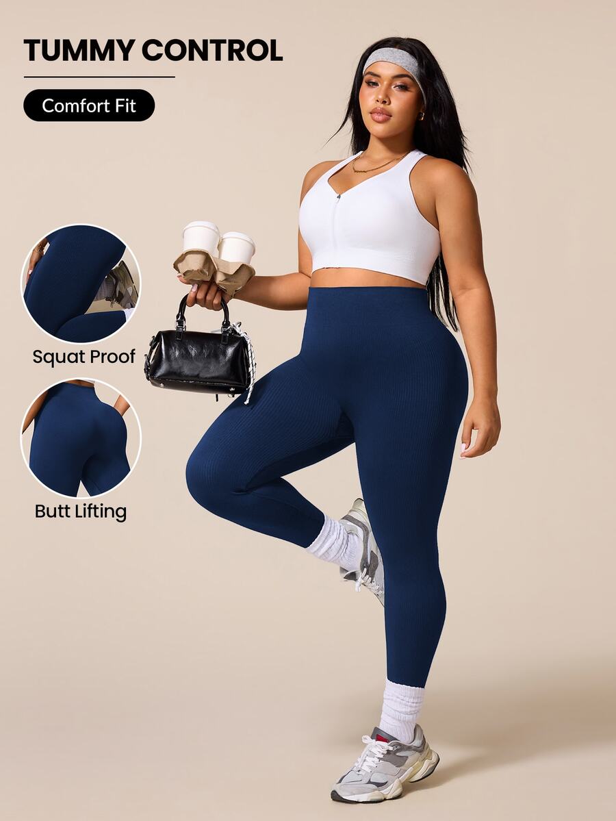 SHEIN Rhythm Era Plus Size High Waist Stretch Solid Color Seamless Sports Leggings - Navy Blue - View 1