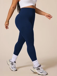 SHEIN Rhythm Era Plus Size High Waist Stretch Solid Color Seamless Sports Leggings - Navy Blue - View 3