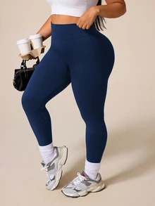 SHEIN Rhythm Era Plus Size High Waist Stretch Solid Color Seamless Sports Leggings - Navy Blue - View 6