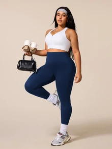 SHEIN Rhythm Era Plus Size High Waist Stretch Solid Color Seamless Sports Leggings - Navy Blue - View 8