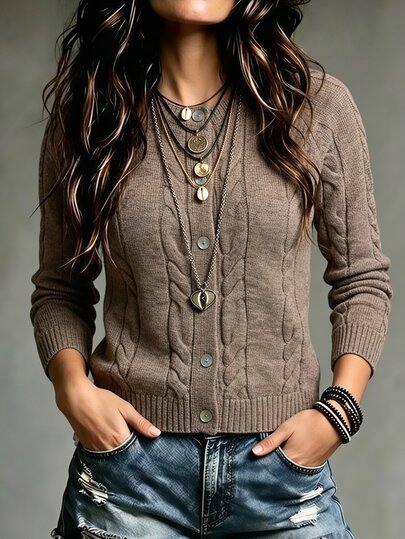 SHEIN Women's Vintage Cable Knit Round Neck Cardigan, Loose Fit Raglan Long Sleeve Single-Breasted Short Sweater Jacket, Casual Versatile Commuter Slimming Outerwear Top For Autumn/Winter
