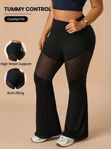 Rhythm Era Plus Size Women Black High Waist Mesh Patchwork Flare Sports Pants - Black - View 1