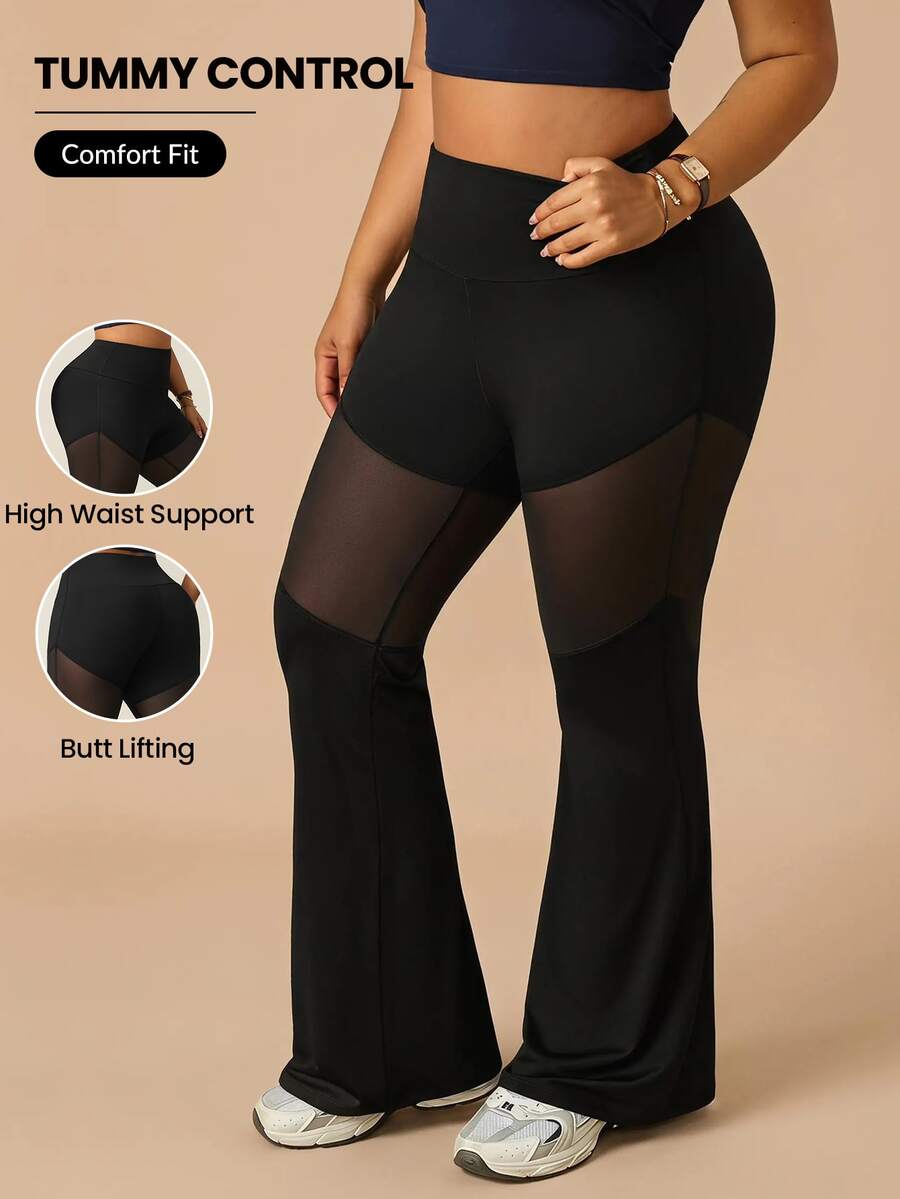 Rhythm Era Plus Size Women Black High Waist Mesh Patchwork Flare Sports Pants - Black - View 1