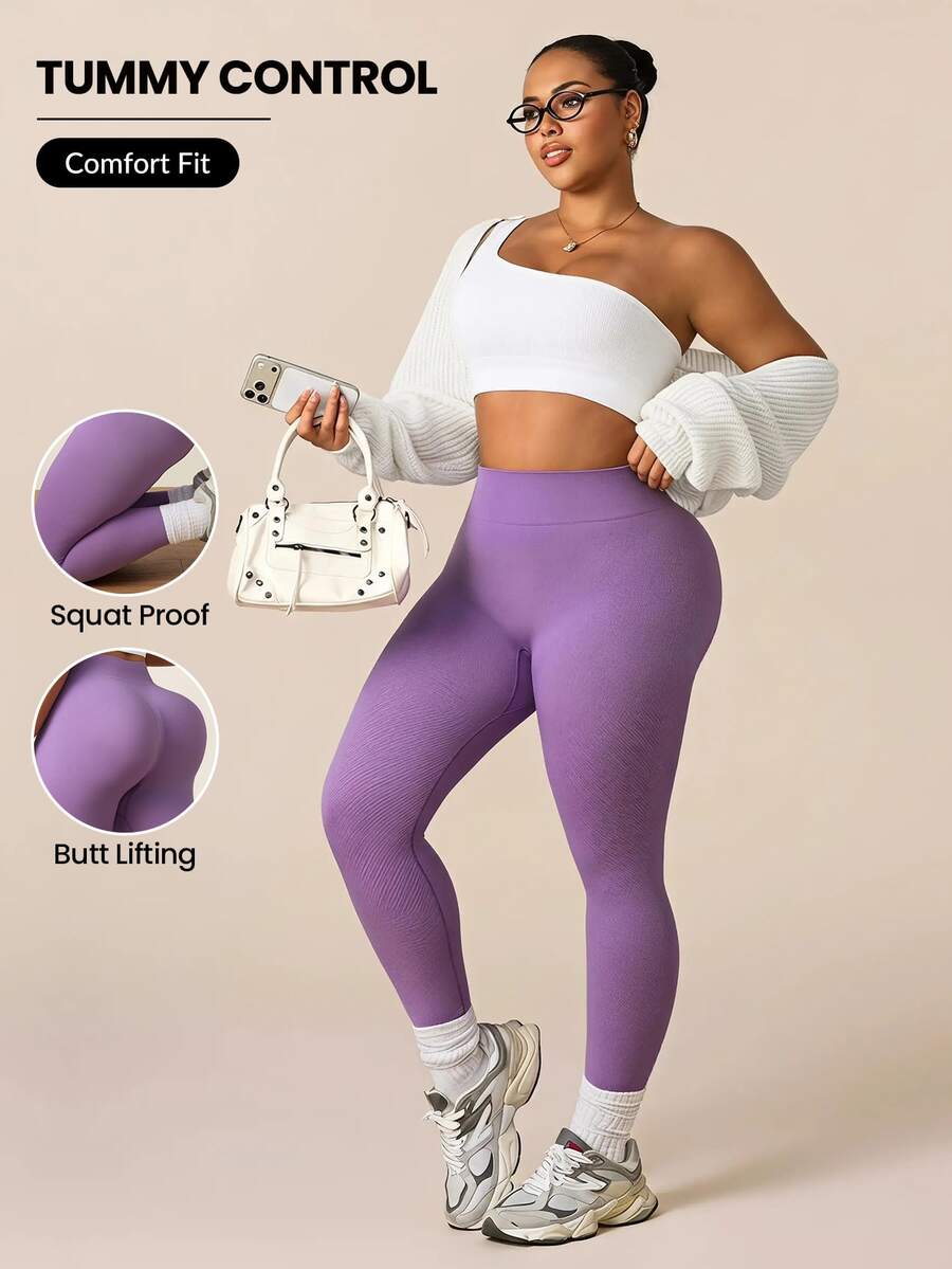 Rhythm Era Plus Size Women's Seamless Tummy Control Butt Lifting Purple Leggings - Purple - View 1