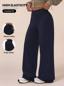 SHEIN Rhythm Era Plus Size Women Sports Leggings Navy Trousers Comfortable Pants Navy Pants Wide-Leg Pants - Navy Blue - View 1
