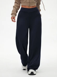 SHEIN Rhythm Era Plus Size Women Sports Leggings Navy Trousers Comfortable Pants Navy Pants Wide-Leg Pants - Navy Blue - View 5