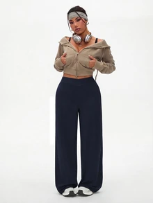 SHEIN Rhythm Era Plus Size Women Sports Leggings Navy Trousers Comfortable Pants Navy Pants Wide-Leg Pants - Navy Blue - View 4