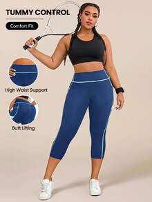 SHEIN Rhythm Era Plus Size Women's Contrast Color Pocket Leggings - Blue - View 7