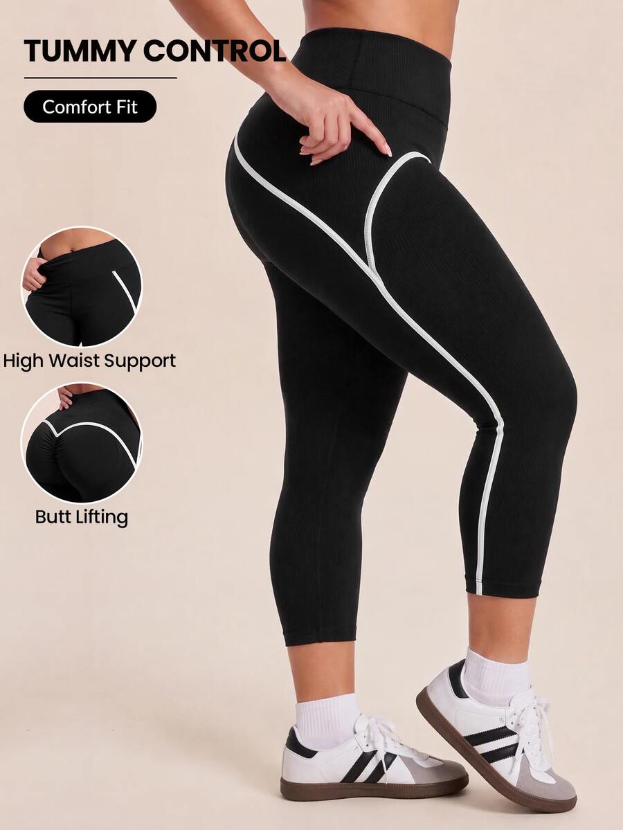 SHEIN Rhythm Era Legging Olahraga Plus dengan Detail Kontras - Hitam - View 1