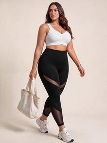 SHEIN Rhythm Era Women's Plus Size Mesh Patchwork Sports Capris - Black - View 7