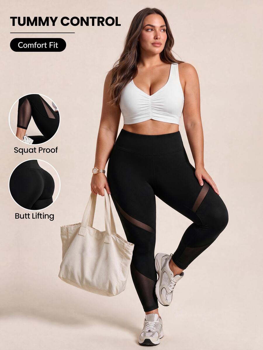 SHEIN Rhythm Era Women's Plus Size Mesh Patchwork Sports Capris - Black - View 1