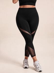 SHEIN Rhythm Era Women's Plus Size Mesh Patchwork Sports Capris - Black - View 4