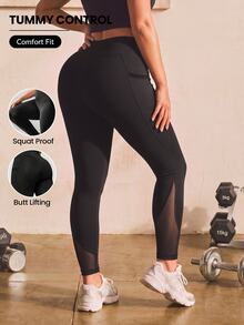 SHEIN Rhythm Era Plus-Size Mesh Leggings With Side Pockets For Phones, Suitable For Women, Especially Yoga Pants. Gym Sports Black Summer - Black - View 1