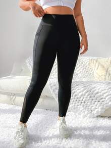 SHEIN Rhythm Era Plus-Size Mesh Leggings With Side Pockets For Phones, Suitable For Women, Especially Yoga Pants. Gym Sports Black Summer - Black - View 5