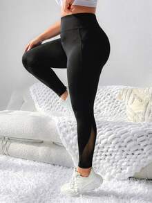 SHEIN Rhythm Era Plus-Size Mesh Leggings With Side Pockets For Phones, Suitable For Women, Especially Yoga Pants. Gym Sports Black Summer - Black - View 6