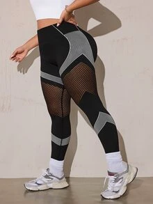 SHEIN Rhythm Era Women's Plus Size Striped Patchwork Fishnet Design Sports Kawaii Leggings Gym Black And White Summer - Black - View 4