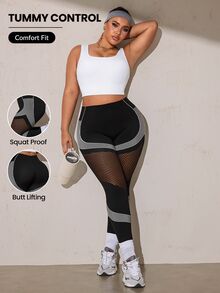 SHEIN Rhythm Era Women's Plus Size Striped Patchwork Fishnet Design Sports Kawaii Leggings Gym Black And White Summer - Black - View 1
