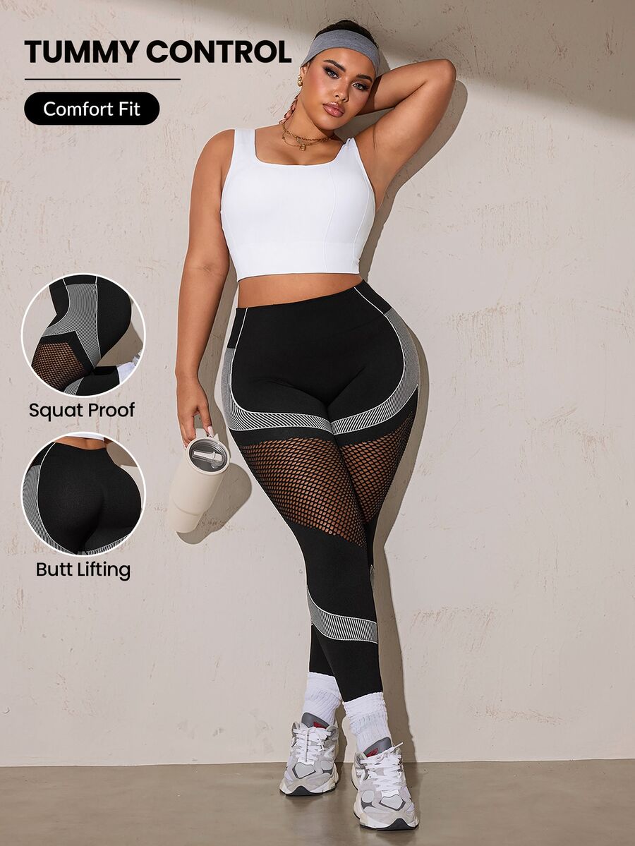 SHEIN Rhythm Era Women's Plus Size Striped Patchwork Fishnet Design Sports Kawaii Leggings Gym Black And White Summer - Black - View 1