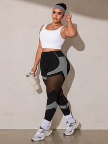 SHEIN Rhythm Era Women's Plus Size Striped Patchwork Fishnet Design Sports Kawaii Leggings Gym Black And White Summer - Black - View 7