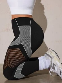 SHEIN Rhythm Era Women's Plus Size Striped Patchwork Fishnet Design Sports Kawaii Leggings Gym Black And White Summer - Black - View 6