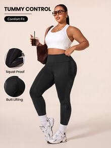 SHEIN Rhythm Era Women's Plus Size Solid Color High Waist Everyday Fitness Sports Leggings - Black - View 1
