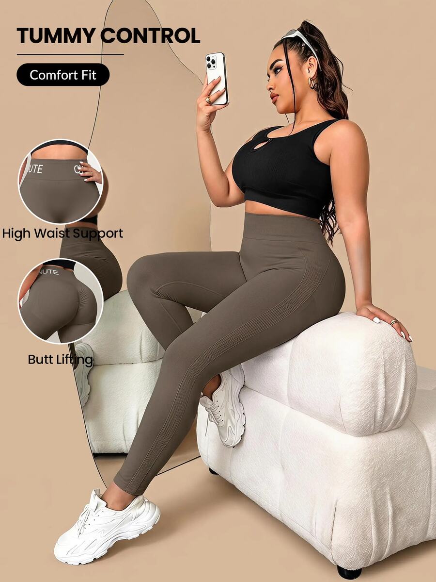 SHEIN Rhythm Era Plus Size High Elasticity Tight Fit Sports Leggings - Iron Gray - View 1