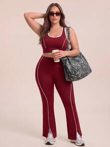 SHEIN Rhythm Era Plus Size High Waist Contrast Piping Flare Leg Sports Leggings - Burgundy - View 7
