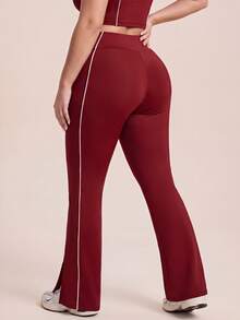 SHEIN Rhythm Era Plus Size High Waist Contrast Piping Flare Leg Sports Leggings - Burgundy - View 2