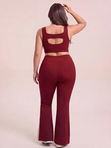 SHEIN Rhythm Era Plus Size High Waist Contrast Piping Flare Leg Sports Leggings - Burgundy - View 4