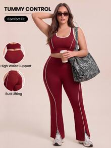 SHEIN Rhythm Era Plus Size High Waist Contrast Piping Flare Leg Sports Leggings - Burgundy - View 1