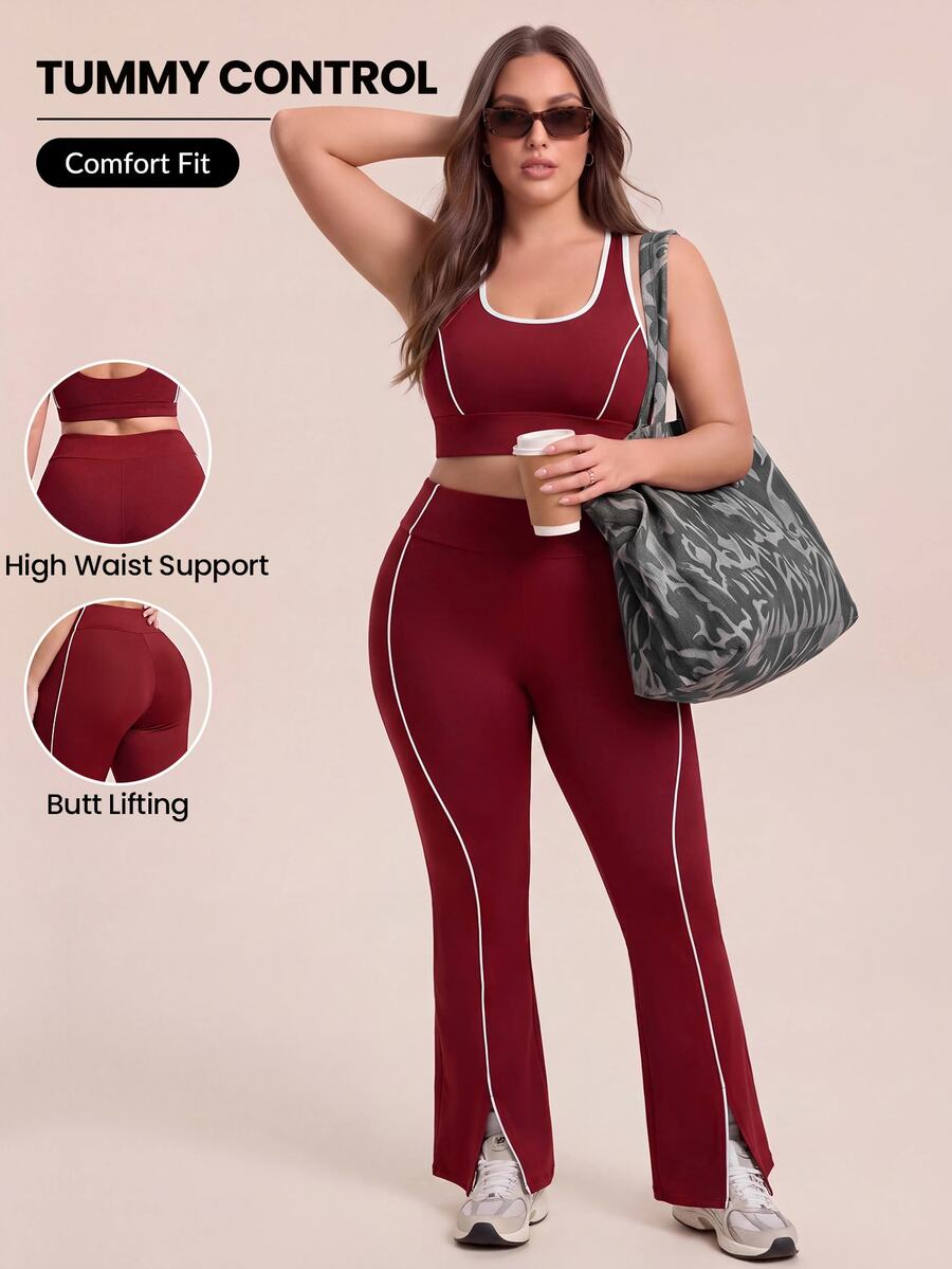 SHEIN Rhythm Era Plus Size High Waist Contrast Piping Flare Leg Sports Leggings - Burgundy - View 1