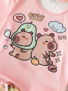 2件組青少年女孩淺粉色卡通圖案印花睡衣 夏季圓領短袖休閒可愛居家服 柔軟針織短褲睡衣家居服 - 粉色 - 查看 3