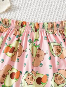 2件組青少年女孩淺粉色卡通圖案印花睡衣 夏季圓領短袖休閒可愛居家服 柔軟針織短褲睡衣家居服 - 粉色 - 查看 4