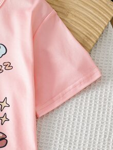 2件組青少年女孩淺粉色卡通圖案印花睡衣 夏季圓領短袖休閒可愛居家服 柔軟針織短褲睡衣家居服 - 粉色 - 查看 5