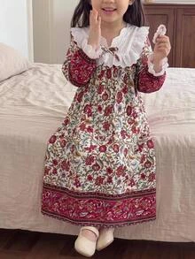 女童小女孩休閒日常百搭舒適圖案蕾絲飾邊居家服 - 彩色 - 查看 5