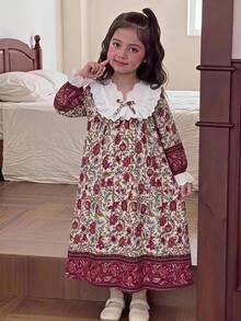 女童小女孩休閒日常百搭舒適圖案蕾絲飾邊居家服 - 彩色 - 查看 1