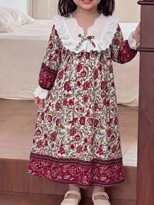 女童小女孩休閒日常百搭舒適圖案蕾絲飾邊居家服 - 彩色 - 查看 3