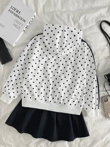 SHEIN 時尚秋冬女童連帽波點印花拉鍊運動衫，寬鬆拉鍊外套，簡約寬鬆連帽衛衣，女童返校穿搭，校園穿著 - 白色 - 查看 2