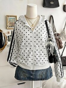 SHEIN 時尚秋冬女童連帽波點印花拉鍊運動衫，寬鬆拉鍊外套，簡約寬鬆連帽衛衣，女童返校穿搭，校園穿著 - 白色 - 查看 4
