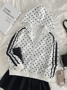 SHEIN 時尚秋冬女童連帽波點印花拉鍊運動衫，寬鬆拉鍊外套，簡約寬鬆連帽衛衣，女童返校穿搭，校園穿著 - 白色 - 查看 5