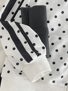 SHEIN 時尚秋冬女童連帽波點印花拉鍊運動衫，寬鬆拉鍊外套，簡約寬鬆連帽衛衣，女童返校穿搭，校園穿著 - 白色 - 查看 6