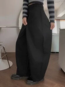 DAZY 女款純色寬鬆哈倫曲腿長褲 休閒街頭度假風 夏季校園長褲 - 黑色 - 查看 3