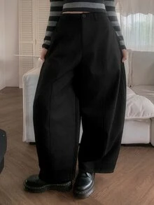 DAZY 女款純色寬鬆哈倫曲腿長褲 休閒街頭度假風 夏季校園長褲 - 黑色 - 查看 4