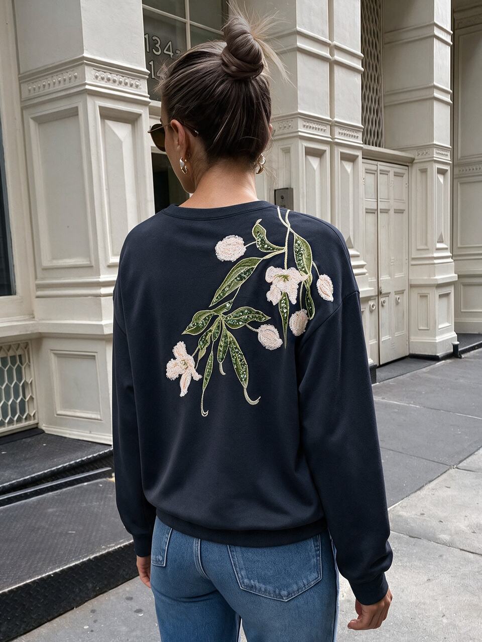 Anewsta Women's New Autumn/Winter Sequin Embroidered Round Neck Long Sleeve Sweatshirt Brunch Navy Blue Floral Floral Floral Casual Elegant Brunch Brunch