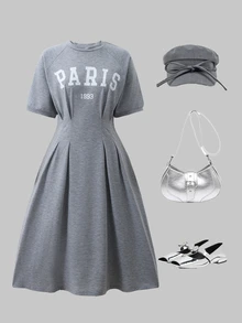 SHEIN Teen Girls Casual Cute Urban Korean Style Cinched Waist Knit Letter Print American Style Dress For Outings Prom Formal Gray Summer - Grey - View 7