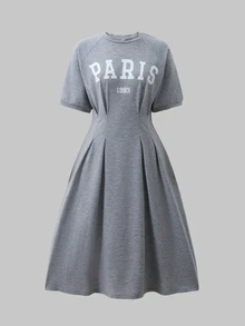 SHEIN Teen Girls Casual Cute Urban Korean Style Cinched Waist Knit Letter Print American Style Dress For Outings Prom Formal Gray Summer - Grey - View 3