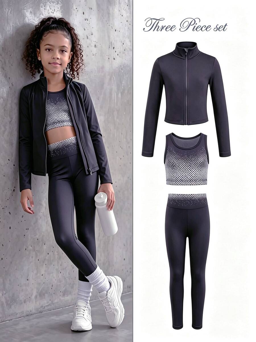 SHEIN 女童拉鍊拇指孔運動套裝 - 黑色 - 查看 1