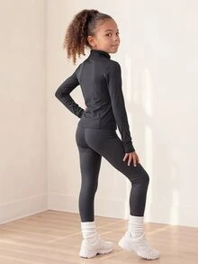SHEIN 女童拉鍊拇指孔運動套裝 - 黑色 - 查看 3