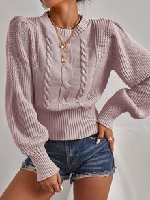 EURMUSE Cable Knit Lantern Sleeve Jumper - Dusty Pink - View 3