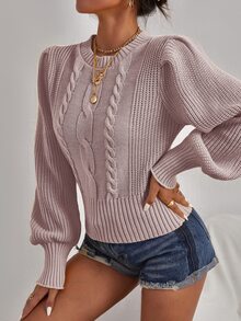 EURMUSE Cable Knit Lantern Sleeve Jumper - Dusty Pink - View 4